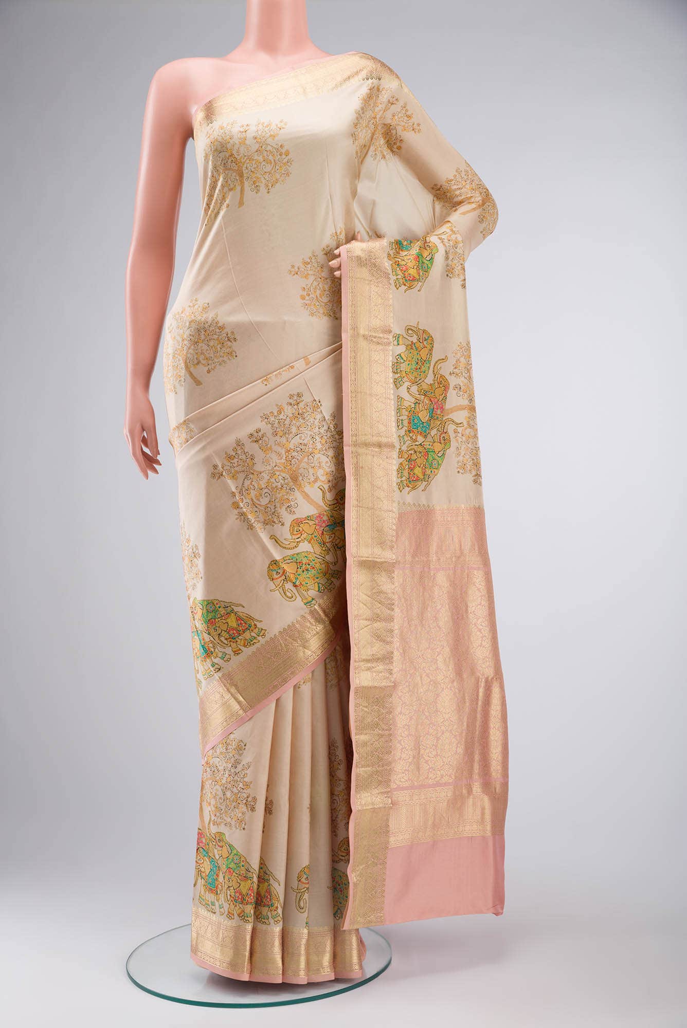 Beige Printed Silk Saree