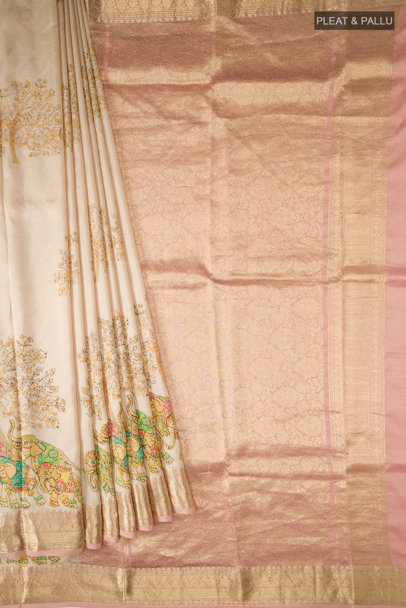 Beige Printed Silk Saree