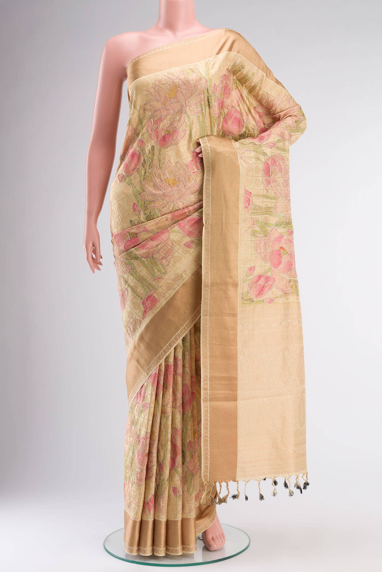 Beige Printed Silk Saree