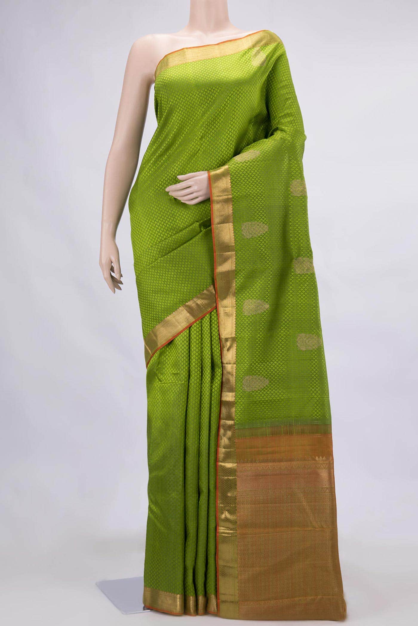 Pure Silk Pure Zari Parrot Green Dual Tone Kanchipuram Saree