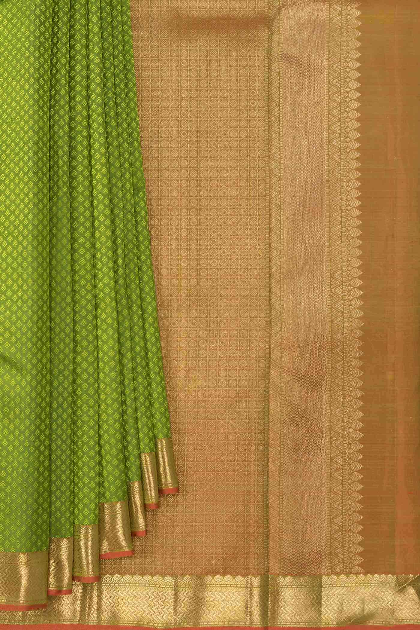 Pure Silk Pure Zari Parrot Green Dual Tone Kanchipuram Saree