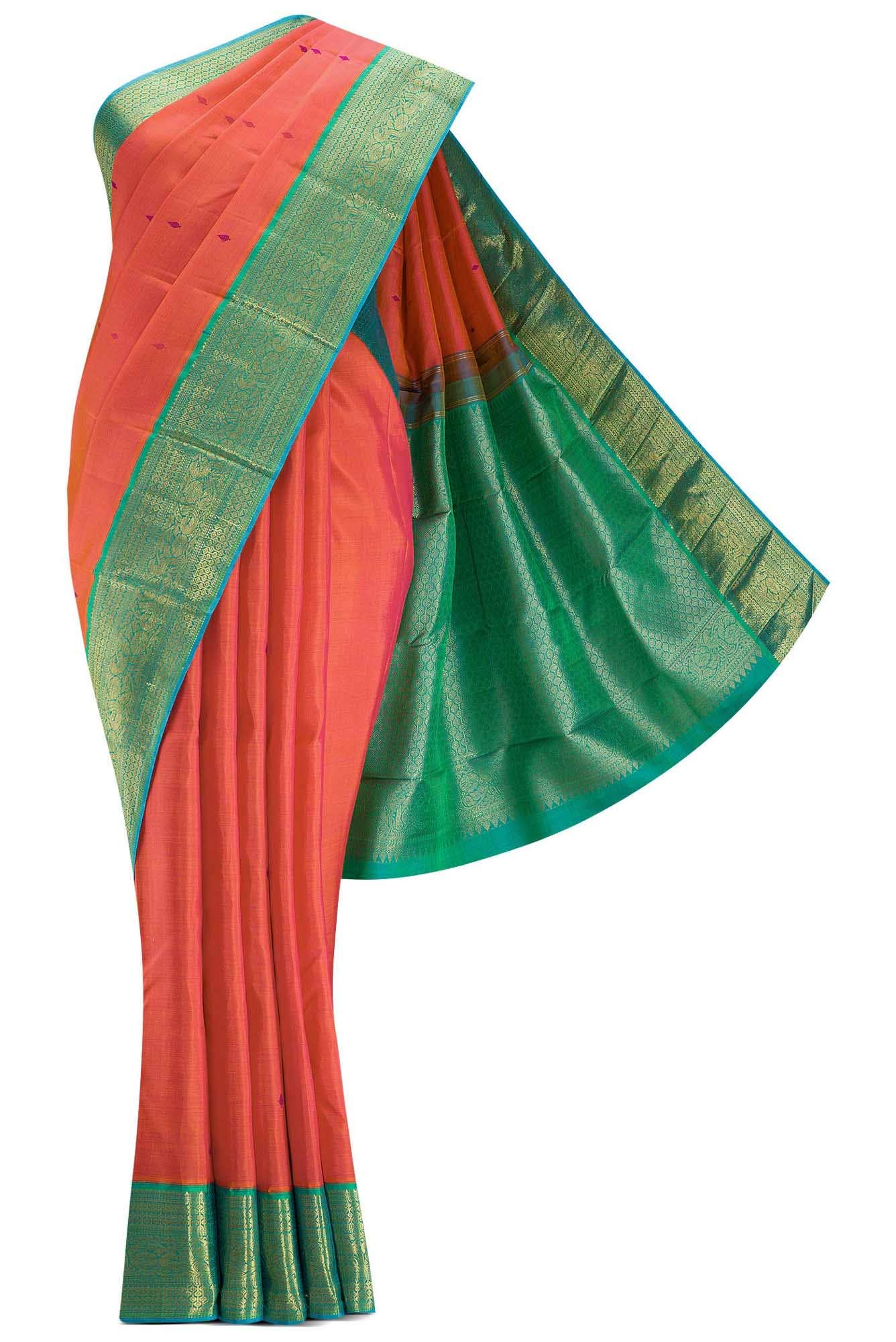 Pure Silk Pure Zari Orange Dual Tone Kanchipuram Saree