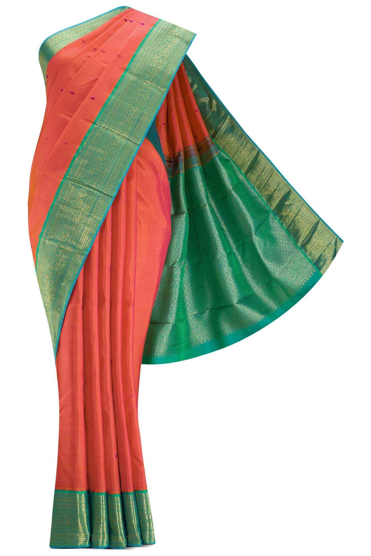 Pure Silk Pure Zari Orange Dual Tone Kanchipuram Saree