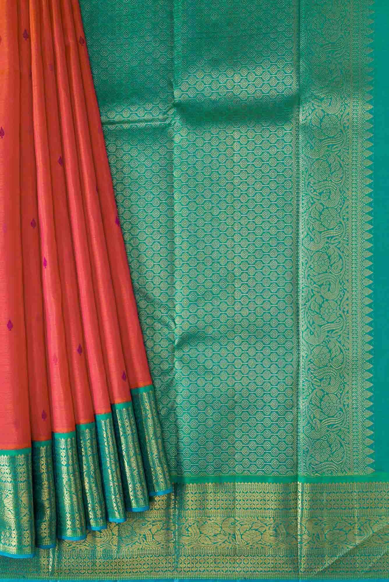 Pure Silk Pure Zari Orange Dual Tone Kanchipuram Saree