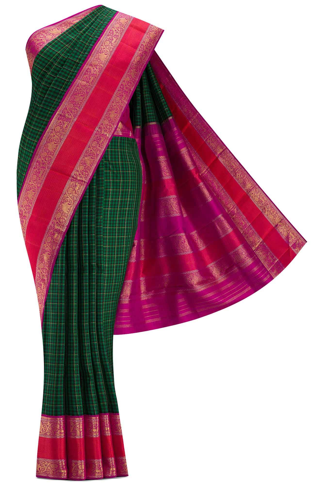 Pure Silk Pure Zari Black and Green Dual Tone Kanchipuram Saree