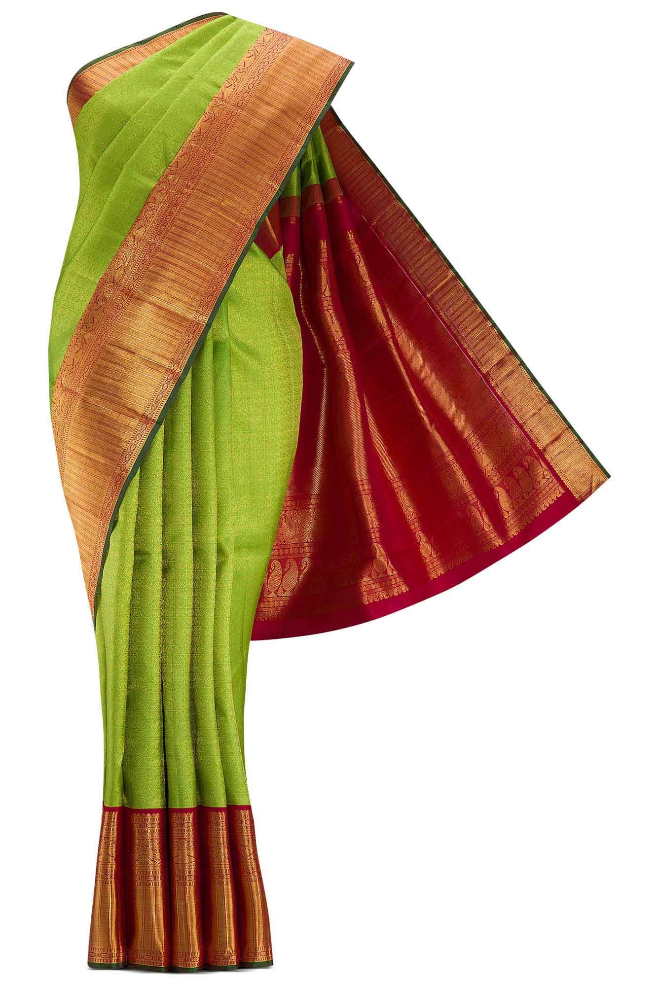 Pure Silk Pure Zari Parrot Green Dual Tone Kanchipuram Saree
