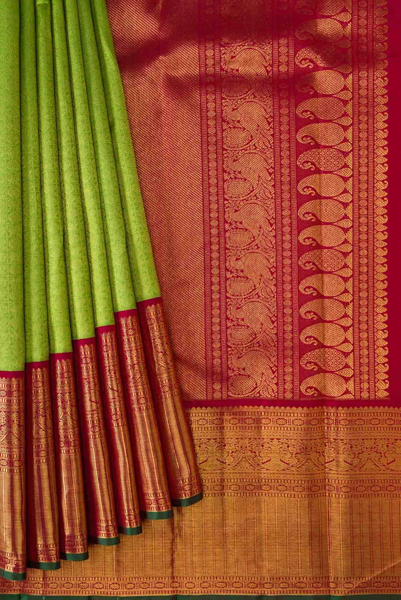 Pure Silk Pure Zari Parrot Green Dual Tone Kanchipuram Saree