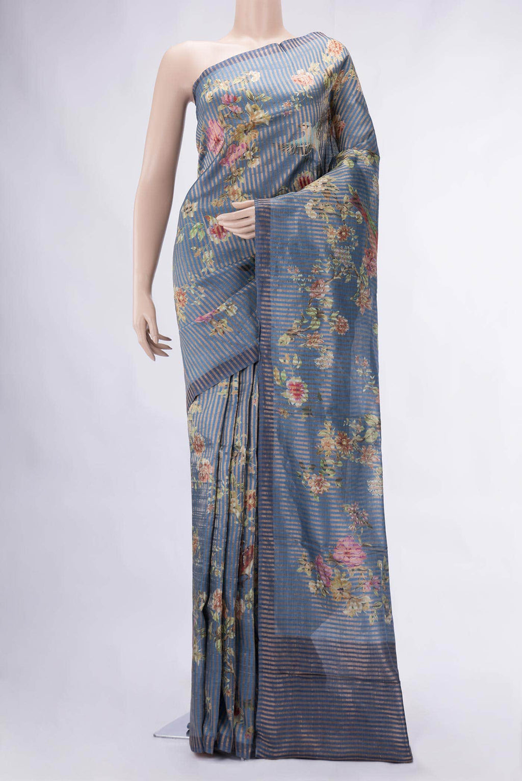 Slate Blue Tussar Silk Saree