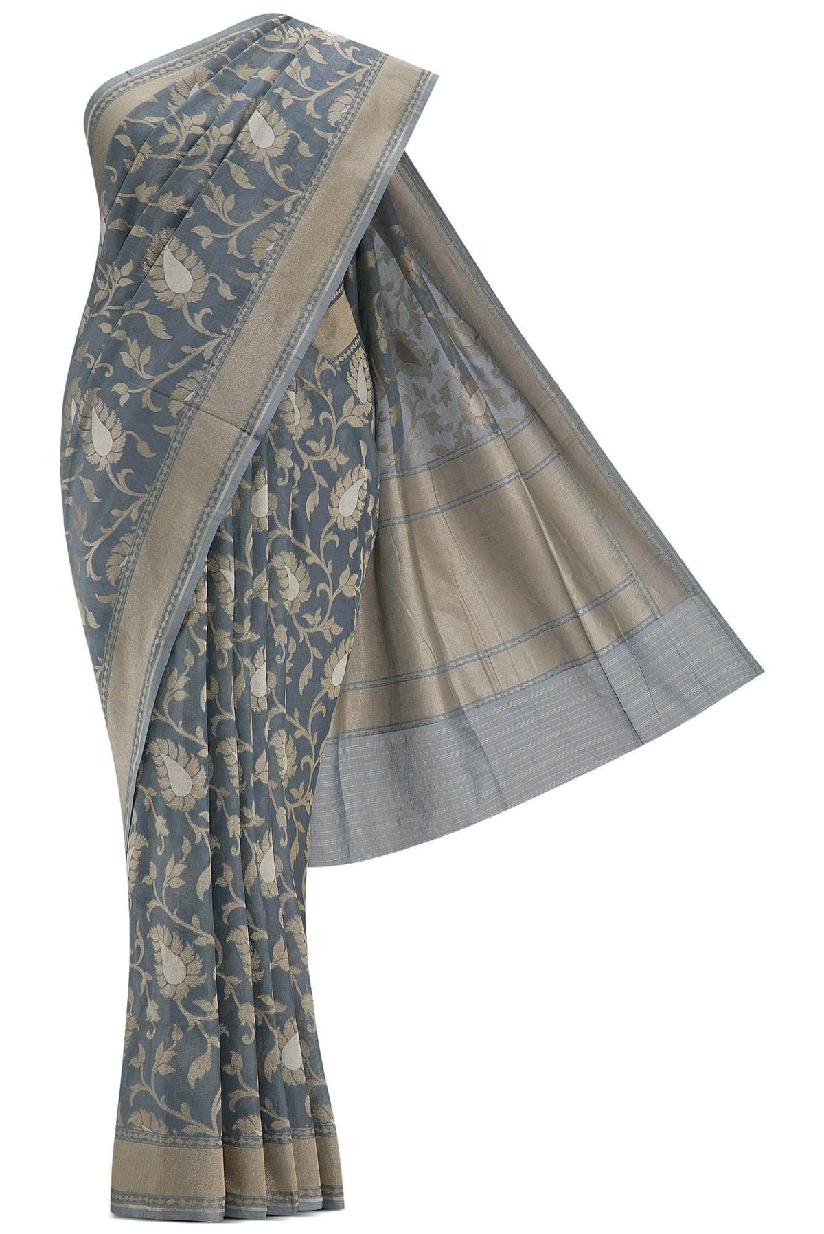 Pure Silk Pure Zari Grey Dual Tone Banarasi Cotton Saree