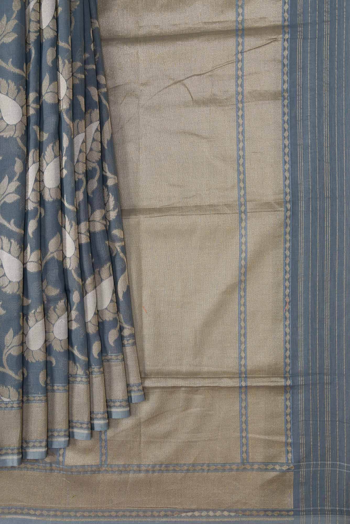 Pure Silk Pure Zari Grey Dual Tone Banarasi Cotton Saree