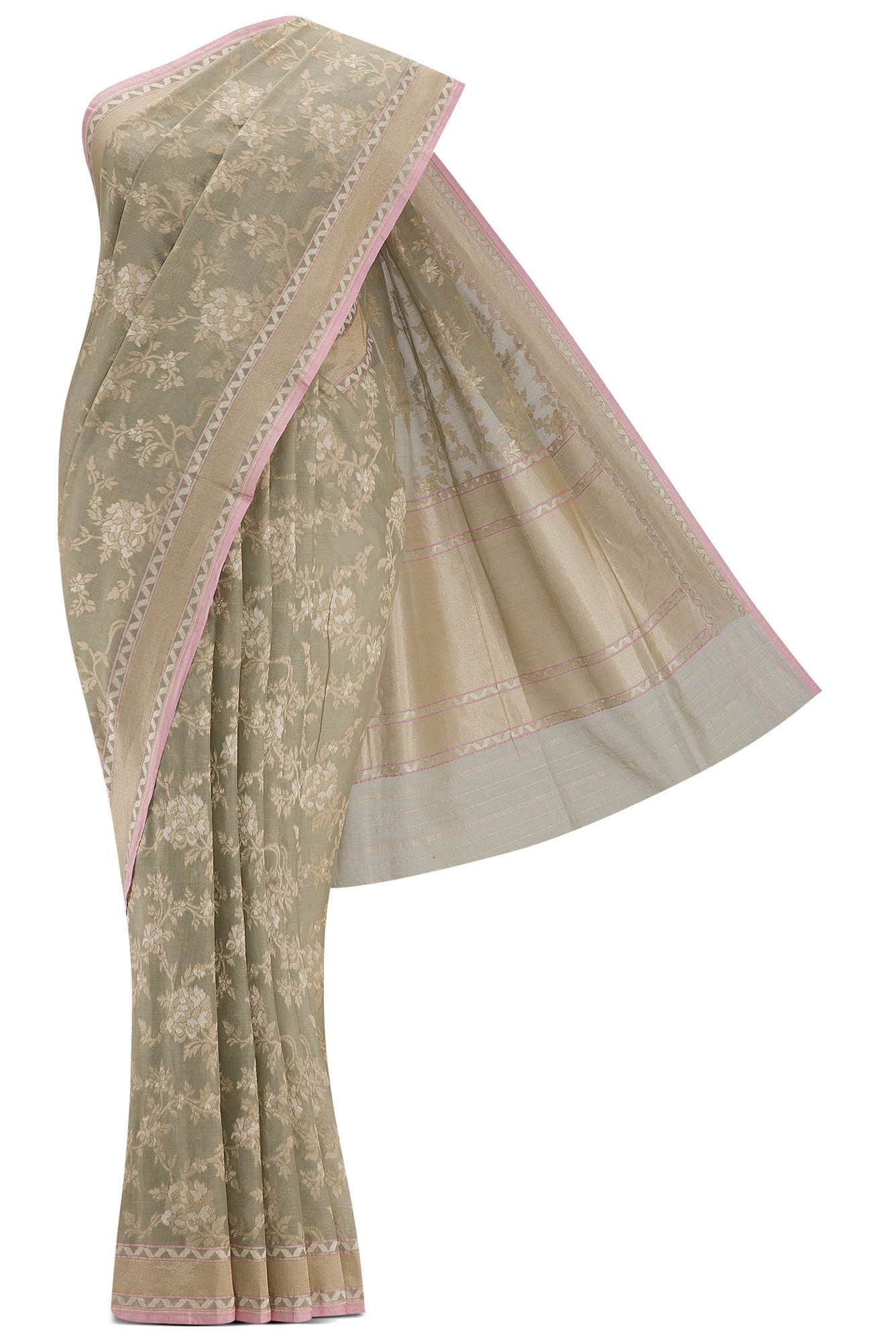 Pure Silk Pure Zari Grey Dual Tone Banarasi Cotton Saree