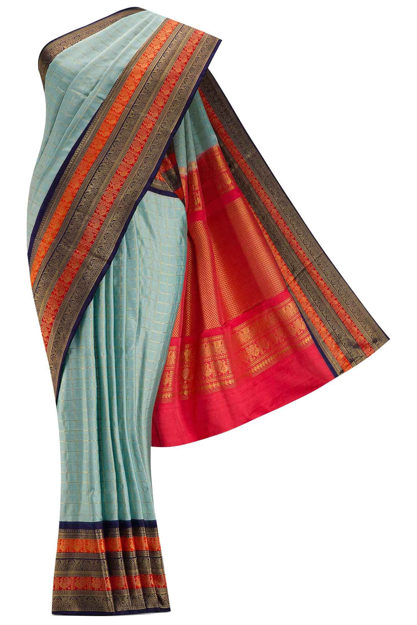 Pure Silk Pure Zari Sky Blue Dual Tone Double Ikat Saree