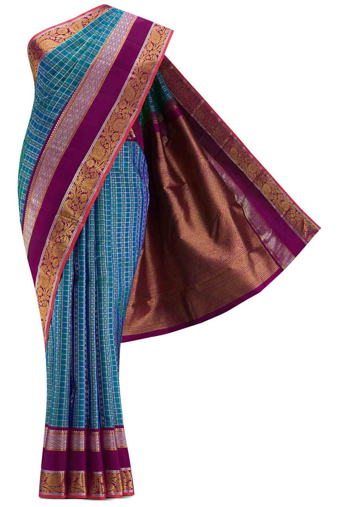 Pure Silk Pure Zari Peacock Blue Dual Tone Kanchipuram Saree