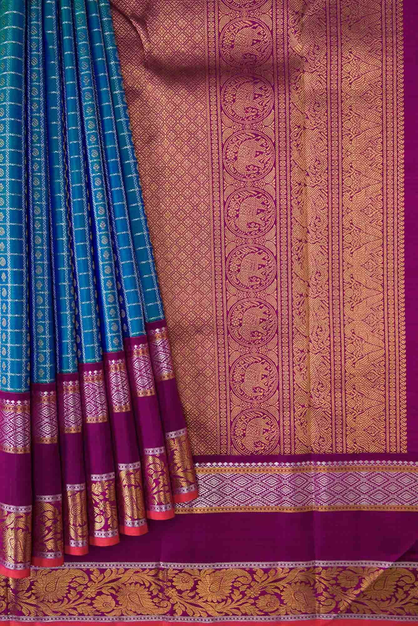 Pure Silk Pure Zari Peacock Blue Dual Tone Kanchipuram Saree