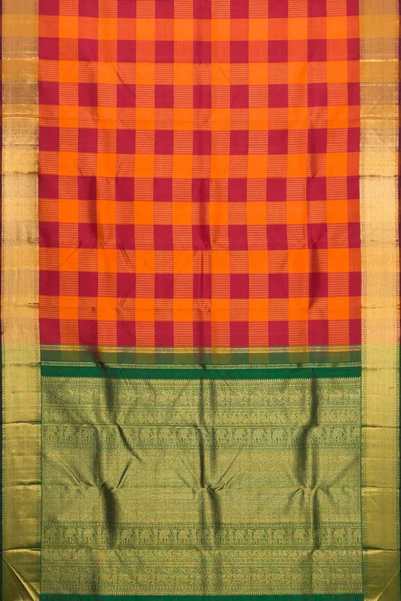 Pure Silk Pure Zari Maroon and Orange Dual Tone Kanchipuram Saree