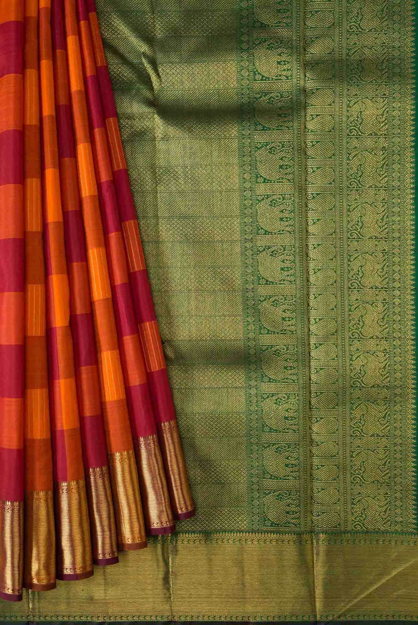 Pure Silk Pure Zari Maroon and Orange Dual Tone Kanchipuram Saree