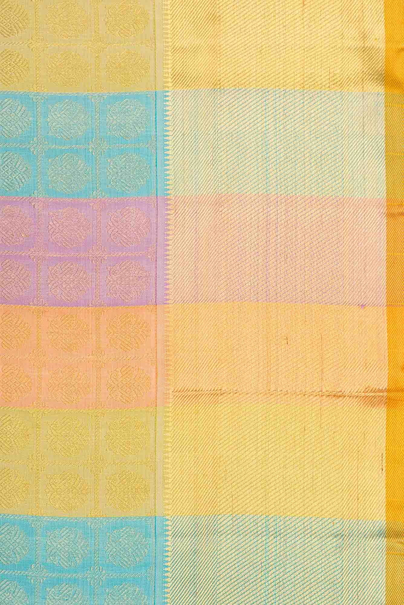 Sandal|Peach|Blue and Pista Green Dual Tone Kanchipuram Silk Saree