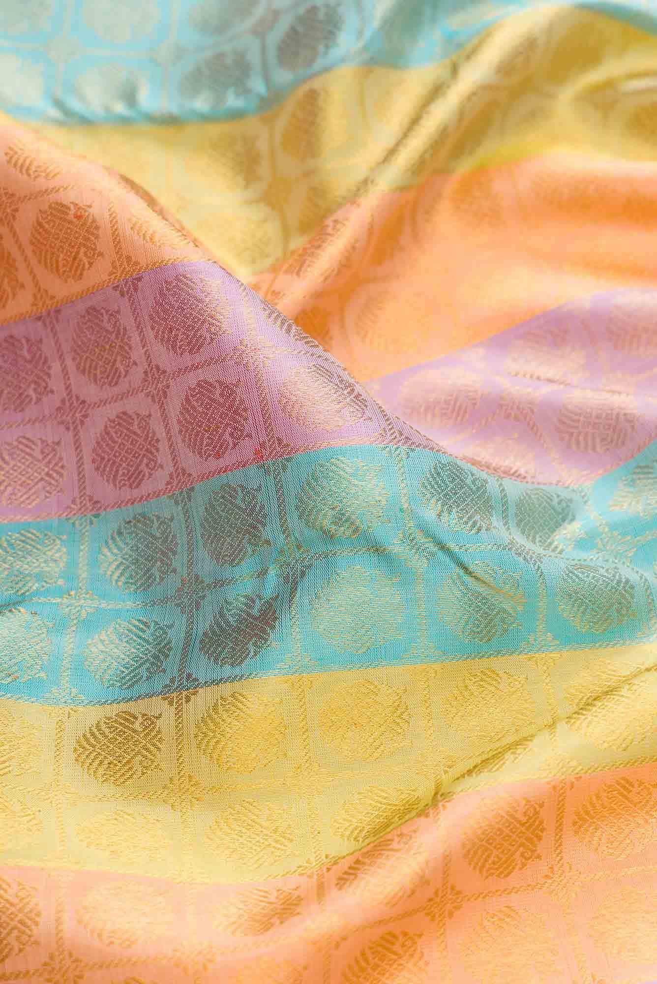 Sandal|Peach|Blue and Pista Green Dual Tone Kanchipuram Silk Saree