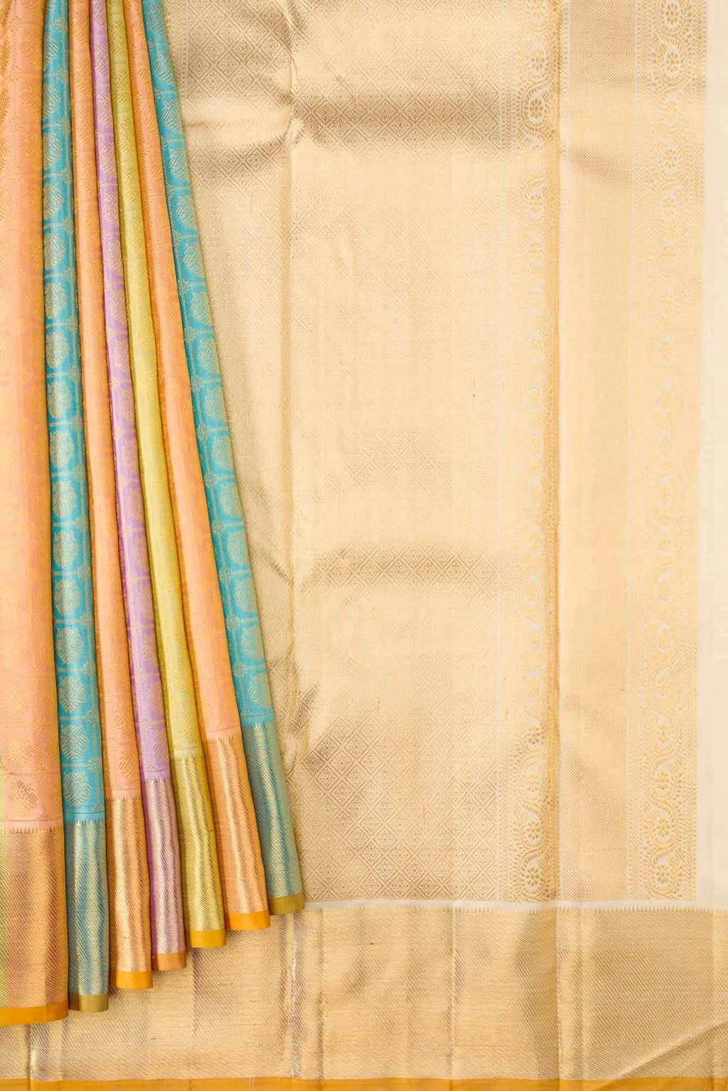 Sandal|Peach|Blue and Pista Green Dual Tone Kanchipuram Silk Saree