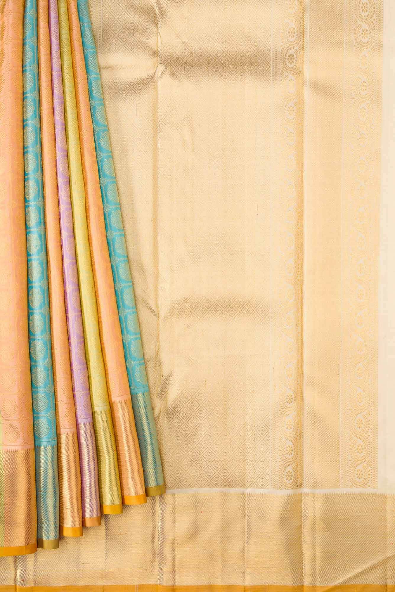Sandal|Peach|Blue and Pista Green Dual Tone Kanchipuram Silk Saree