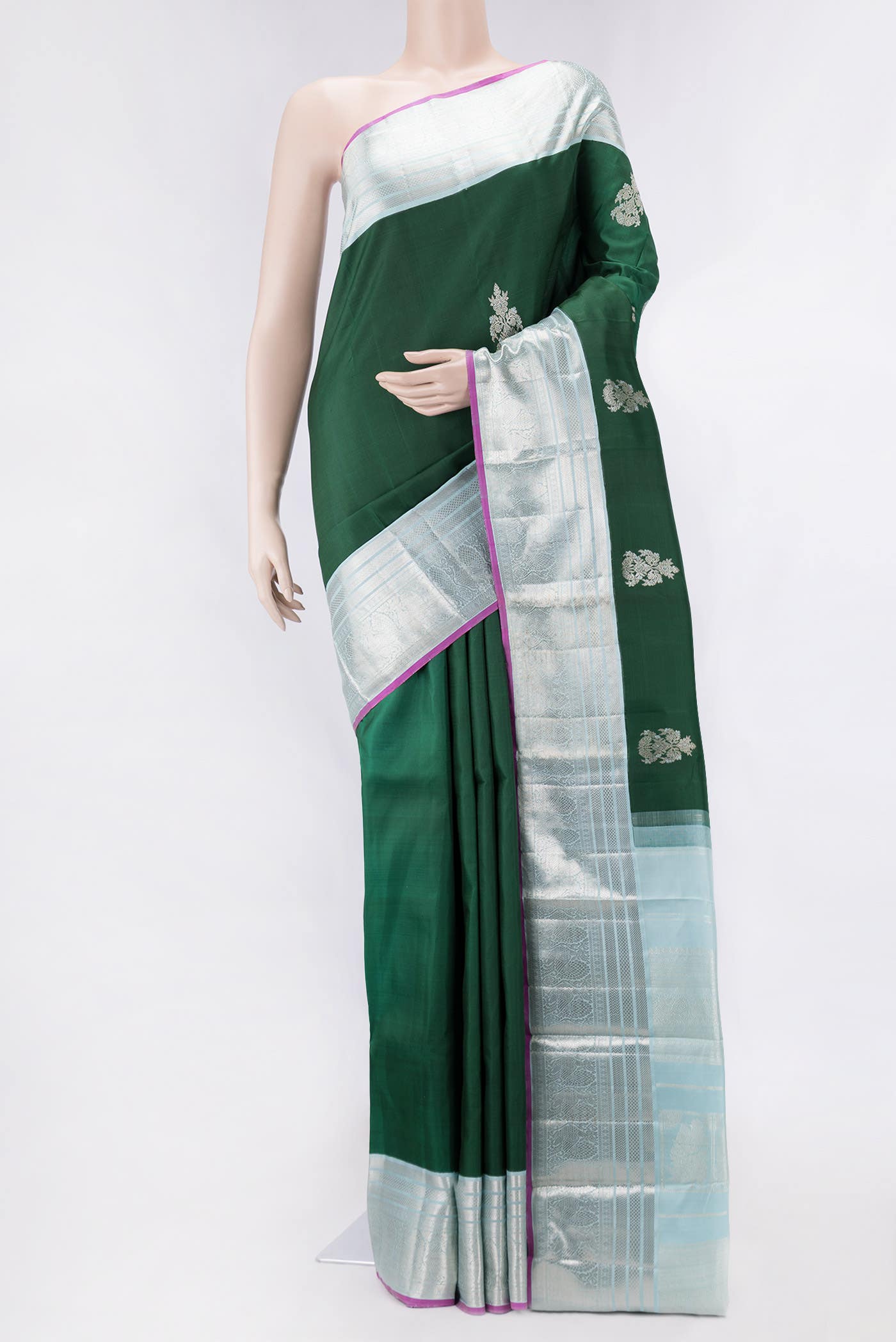 Pure Silk Pure Zari Bottle Green Dual Tone Kanchipuram Saree