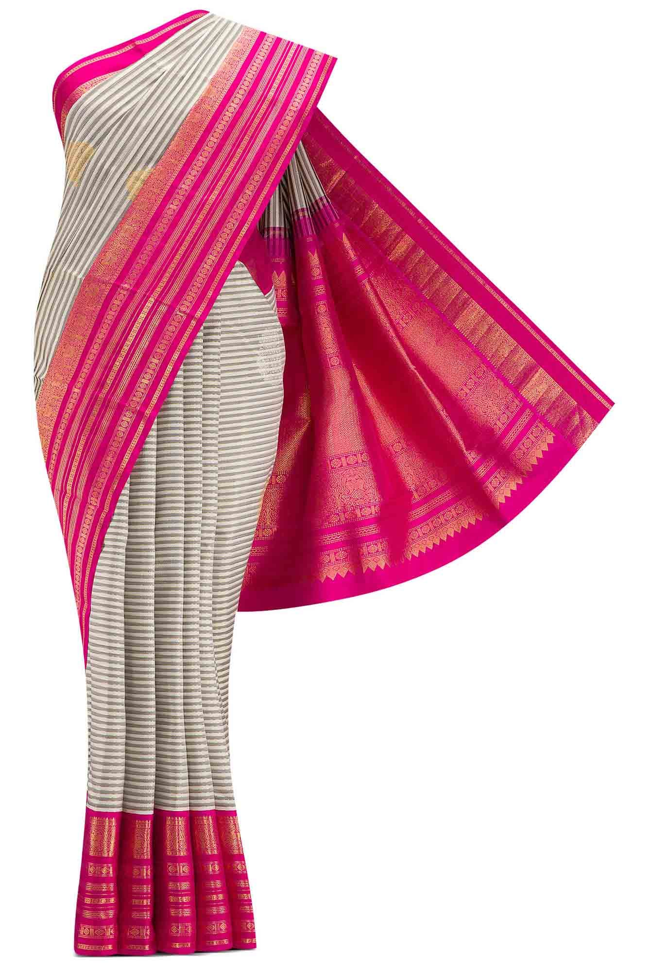 Pure Silk Pure Zari Off White and Grey Dual Tone Kanchipuram Saree