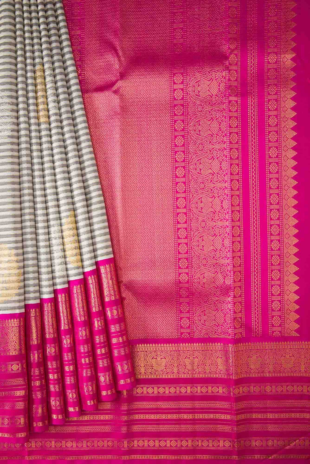 Pure Silk Pure Zari Off White and Grey Dual Tone Kanchipuram Saree