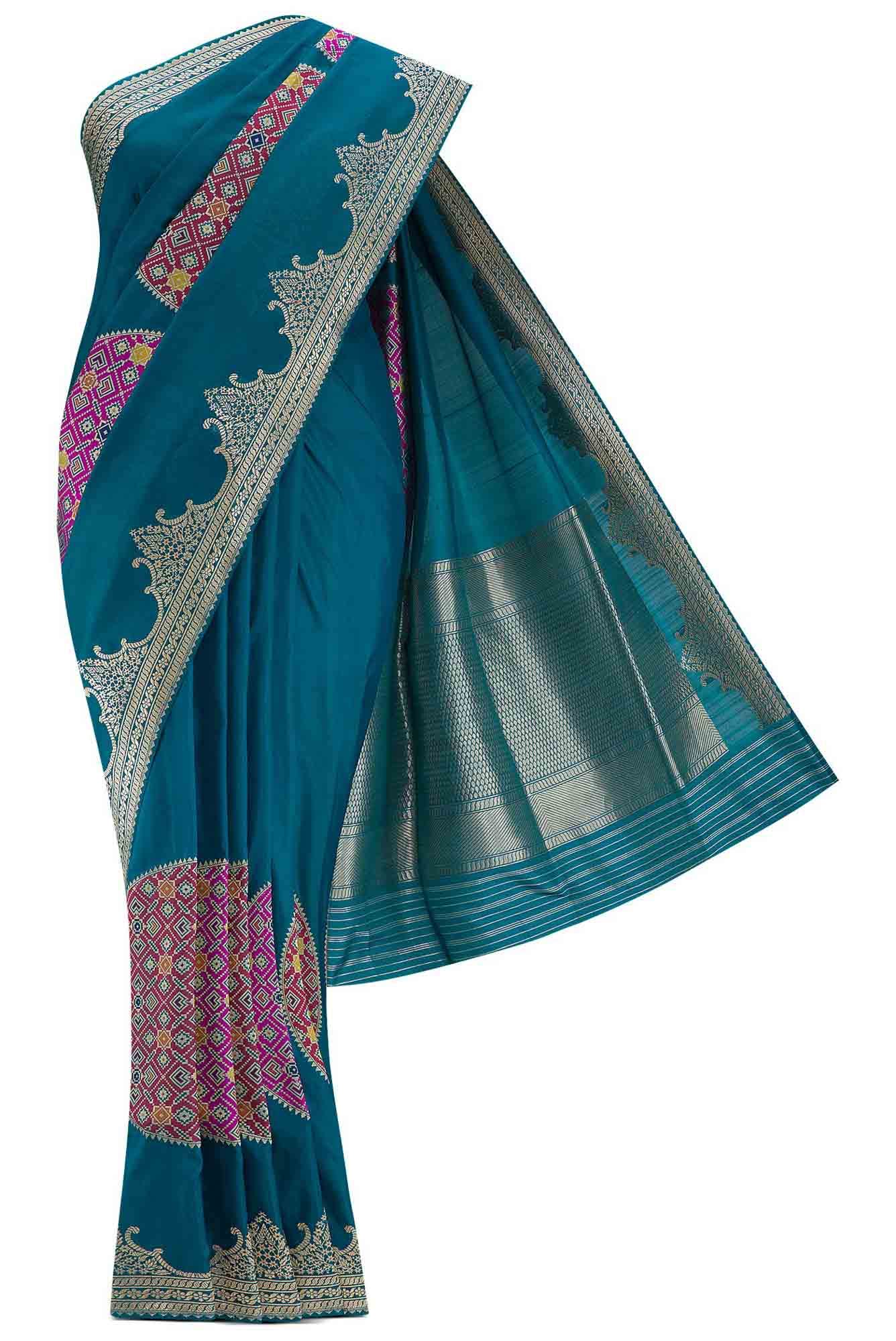 Pure Silk Pure Zari Peacock Blue Dual Tone Banarasi Saree