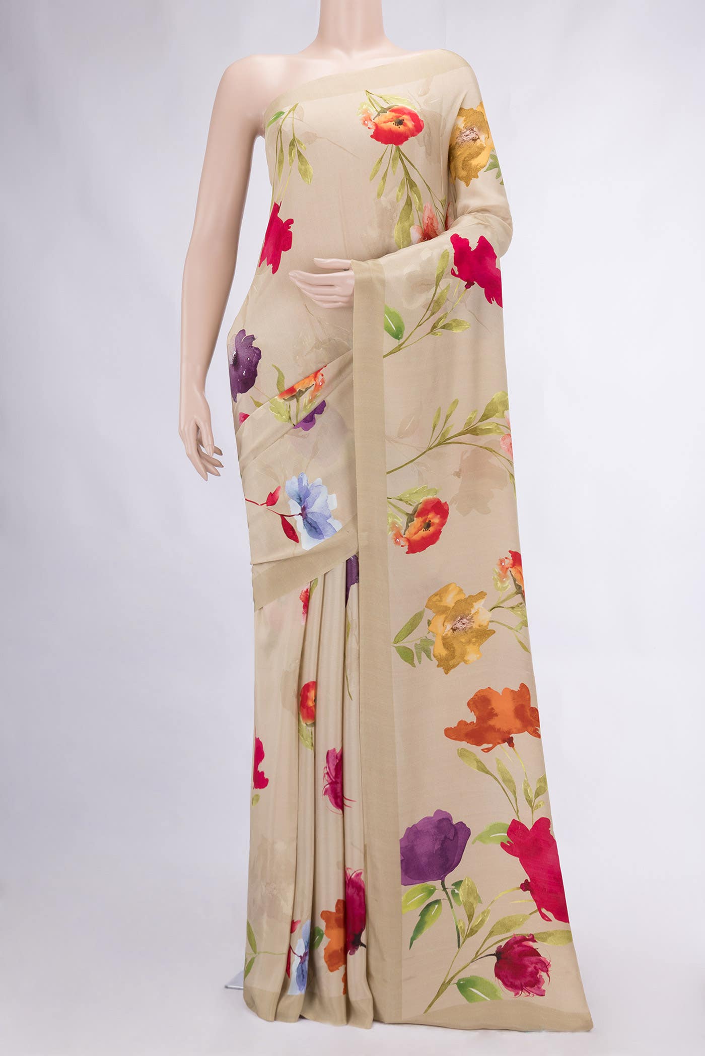 Beige Mysore Crepe Saree