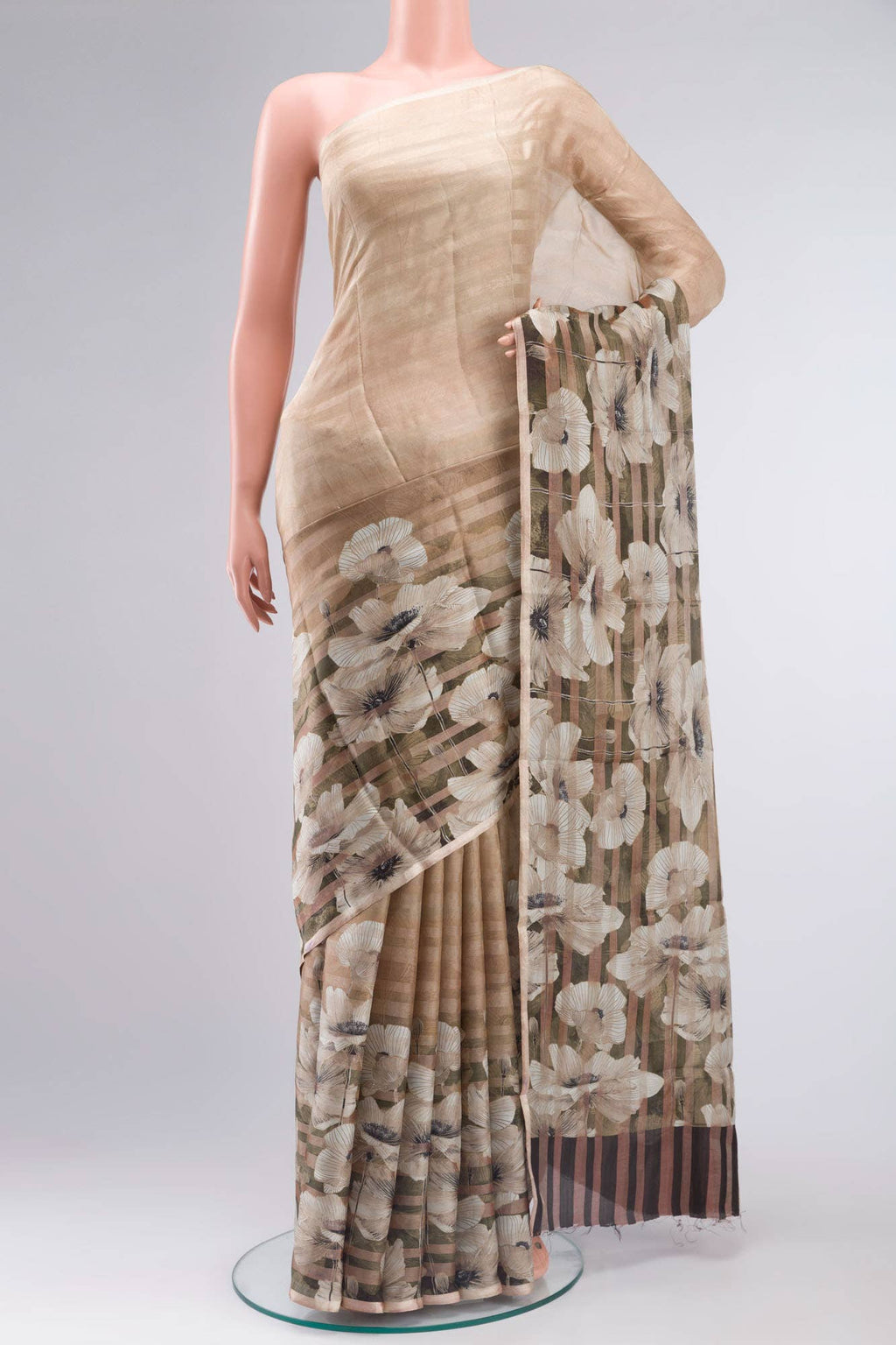 Beige Printed Silk Saree