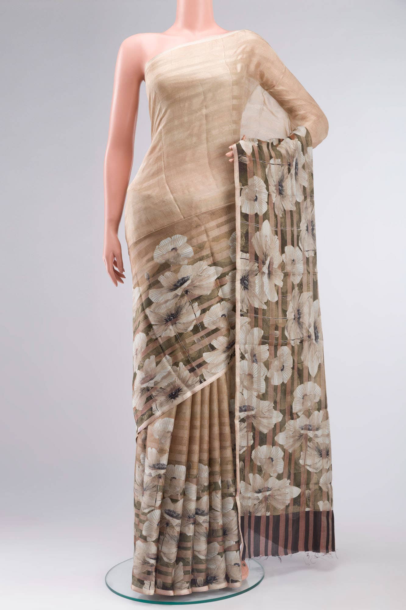 Beige Printed Silk Saree