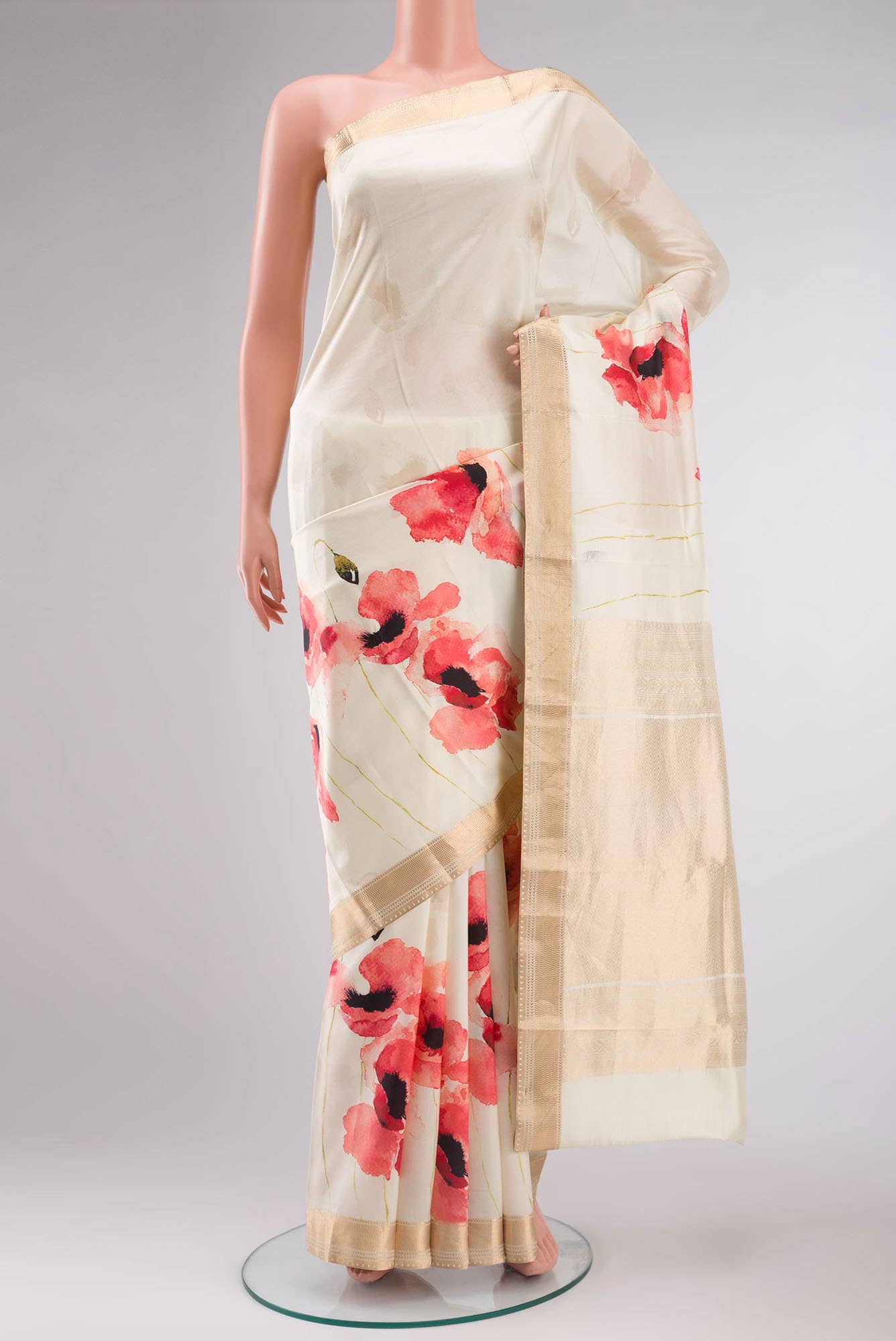 Cream Printed Silk Saree