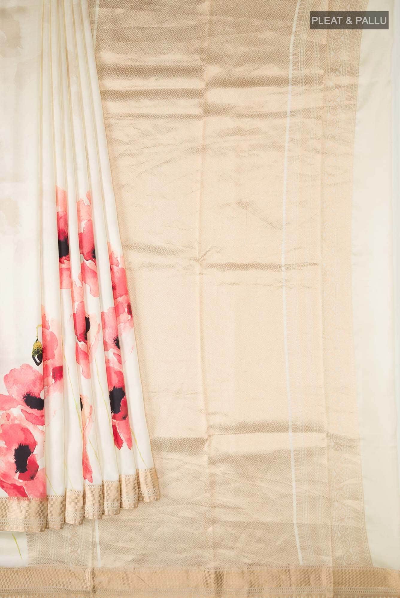 Cream Printed Silk Saree