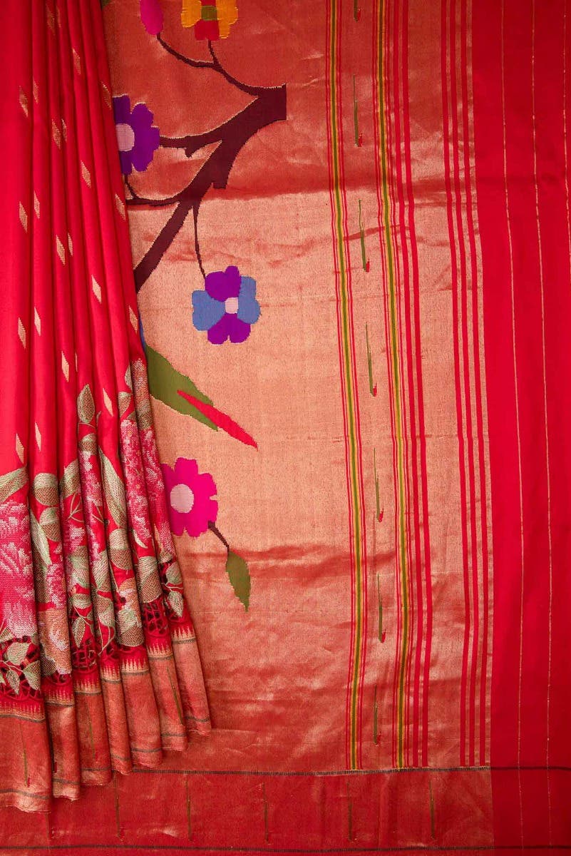 Pure Silk Pure Zari Red Dual Tone Paithani Saree