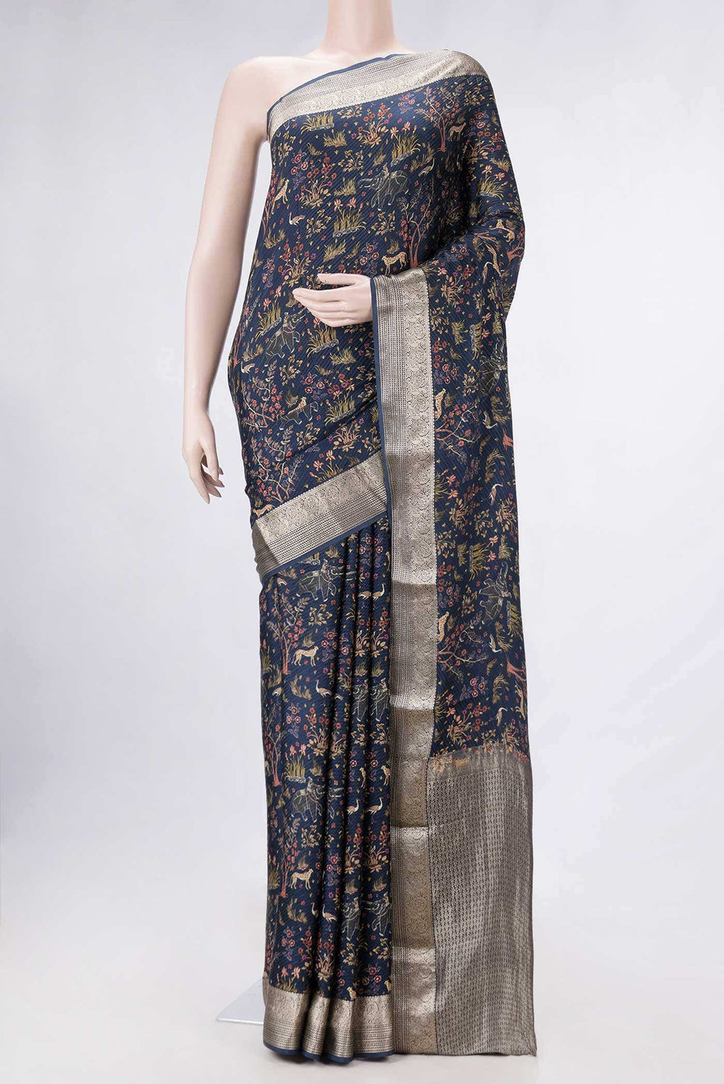Navy Blue Dual Tone Mysore Crepe Saree