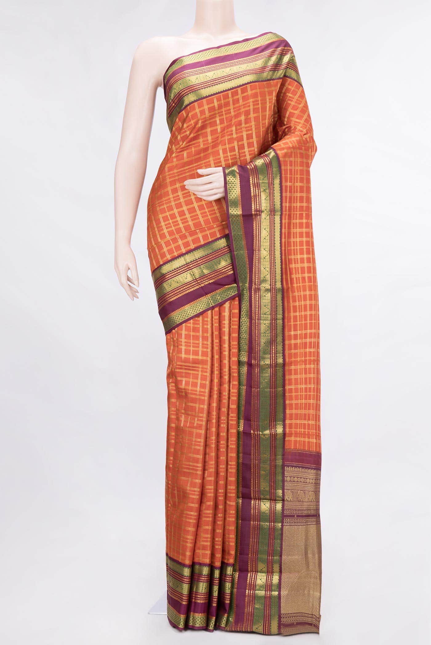 Pure Silk Pure Zari Orange Dual Tone Kanchipuram Saree