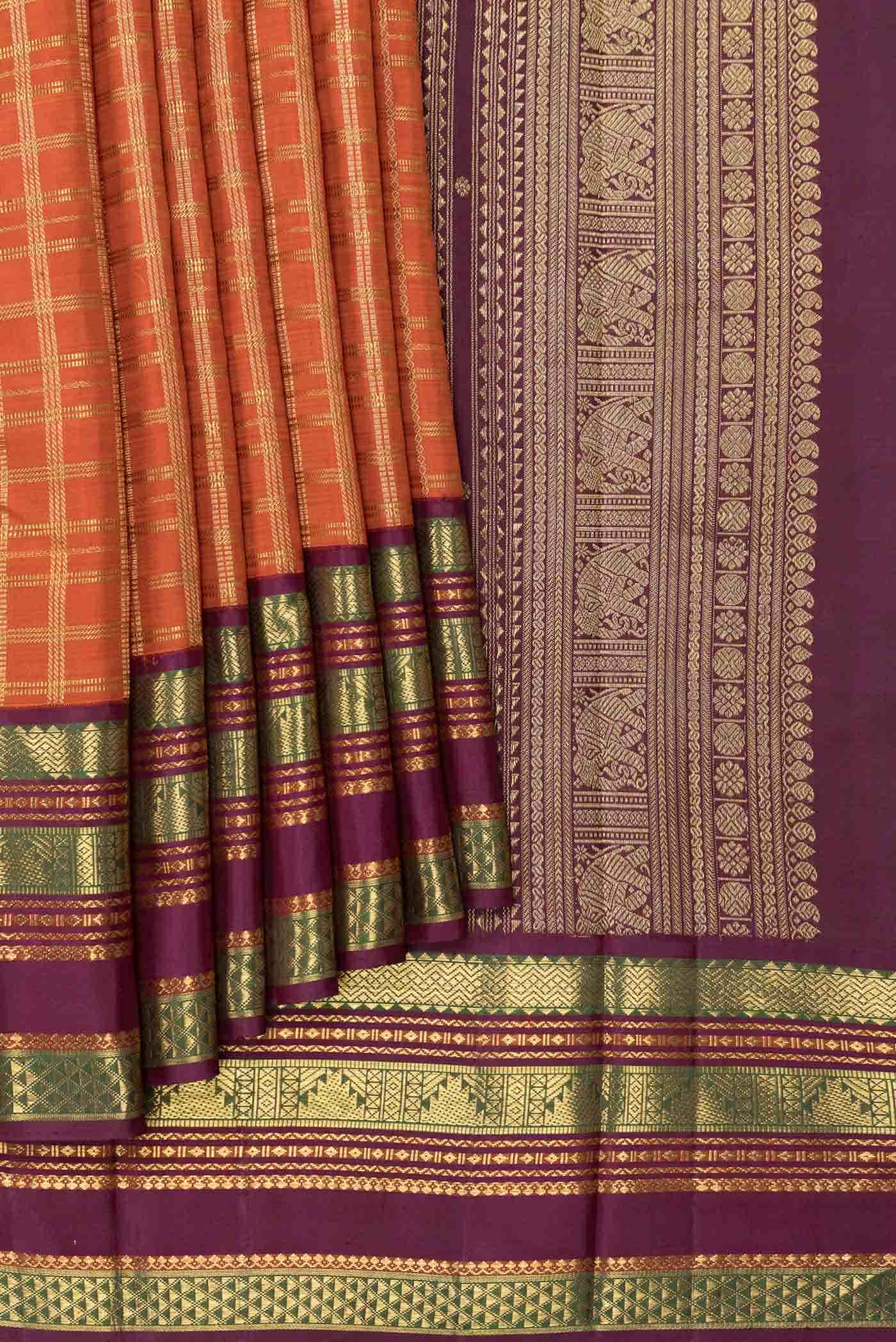 Pure Silk Pure Zari Orange Dual Tone Kanchipuram Saree