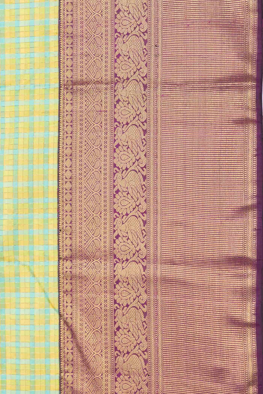 Pure Silk Pure Zari Green Sky Blue and Mustard Dual Tone Kanchipuram Saree