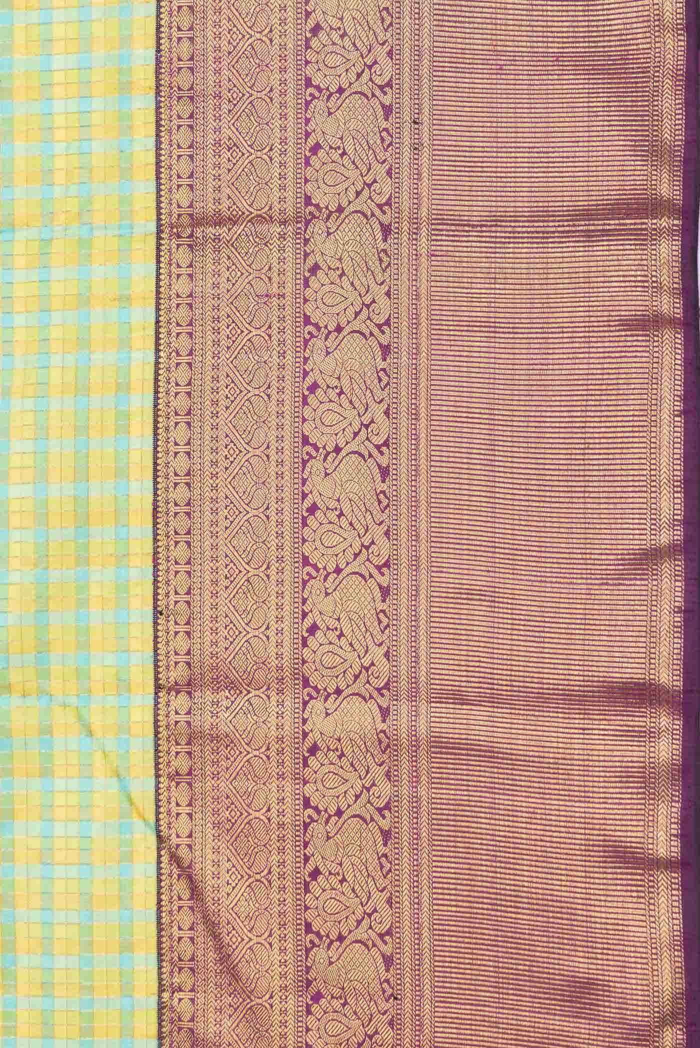 Pure Silk Pure Zari Green Sky Blue and Mustard Dual Tone Kanchipuram Saree