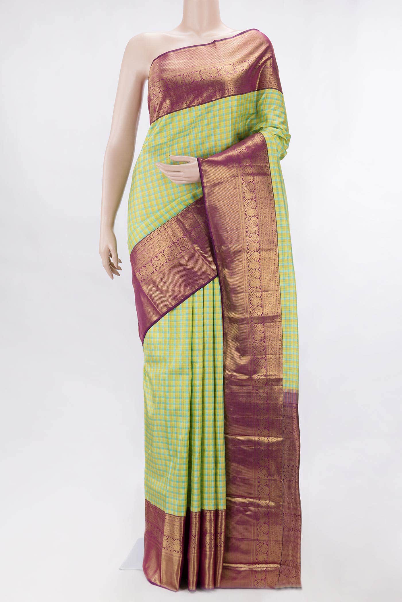 Pure Silk Pure Zari Green Sky Blue and Mustard Dual Tone Kanchipuram Saree