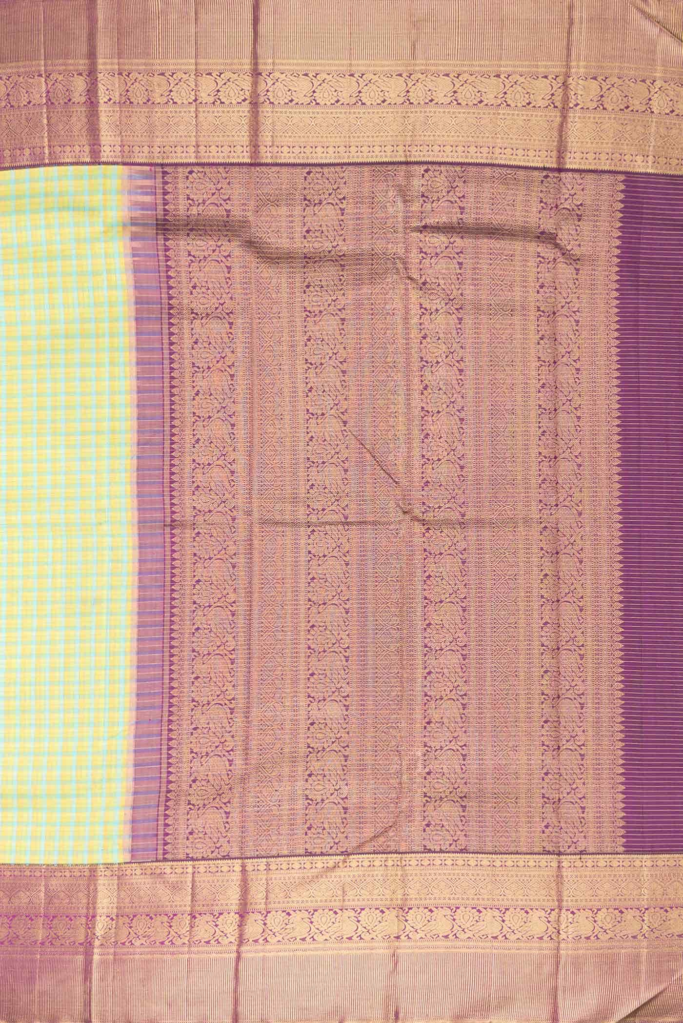 Pure Silk Pure Zari Green Sky Blue and Mustard Dual Tone Kanchipuram Saree