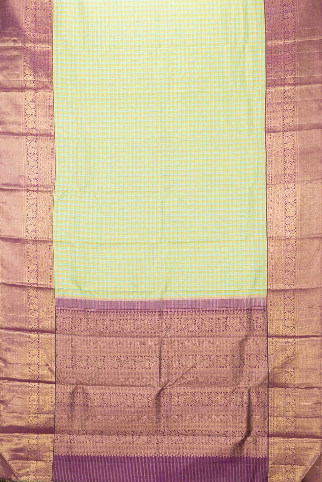 Pure Silk Pure Zari Green Sky Blue and Mustard Dual Tone Kanchipuram Saree