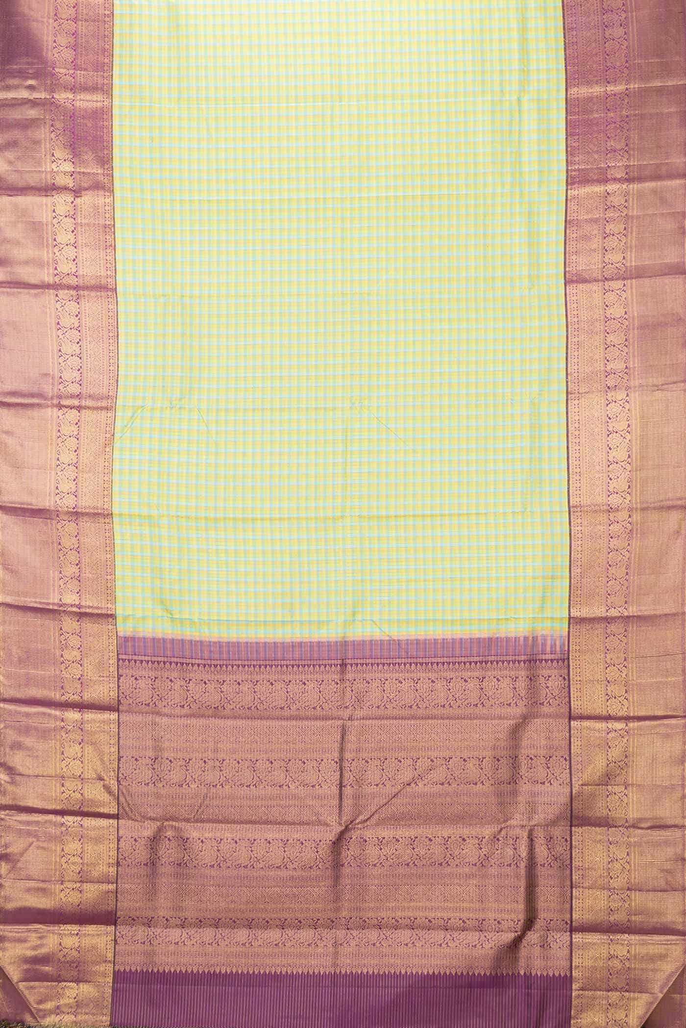 Pure Silk Pure Zari Green Sky Blue and Mustard Dual Tone Kanchipuram Saree