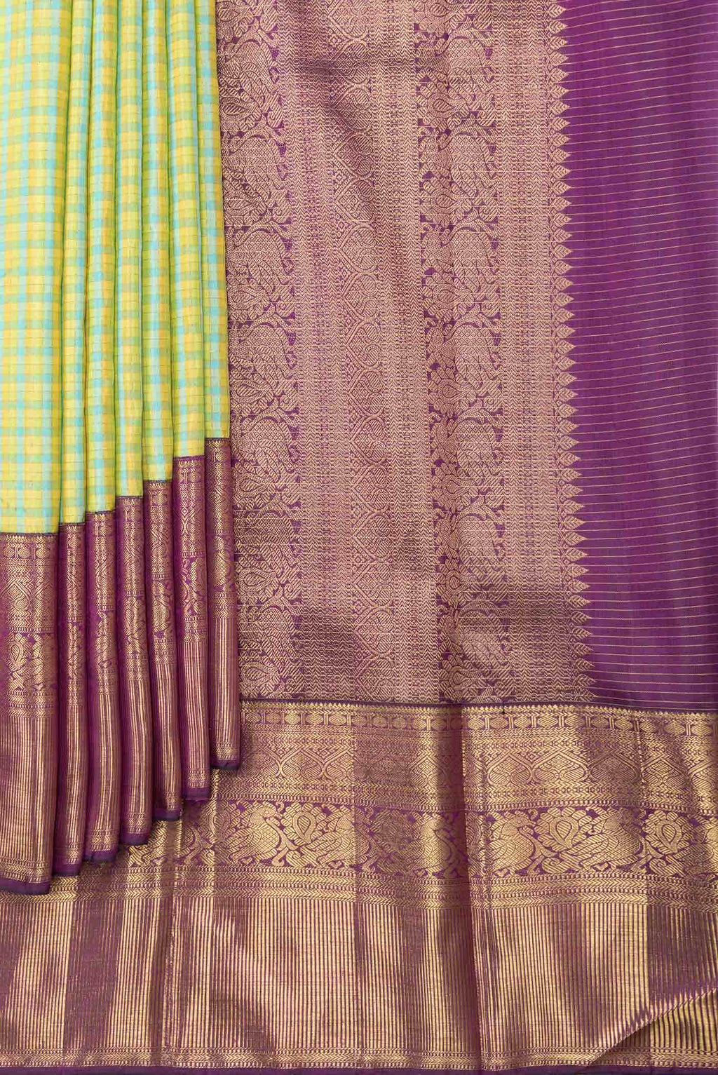 Pure Silk Pure Zari Green Sky Blue and Mustard Dual Tone Kanchipuram Saree