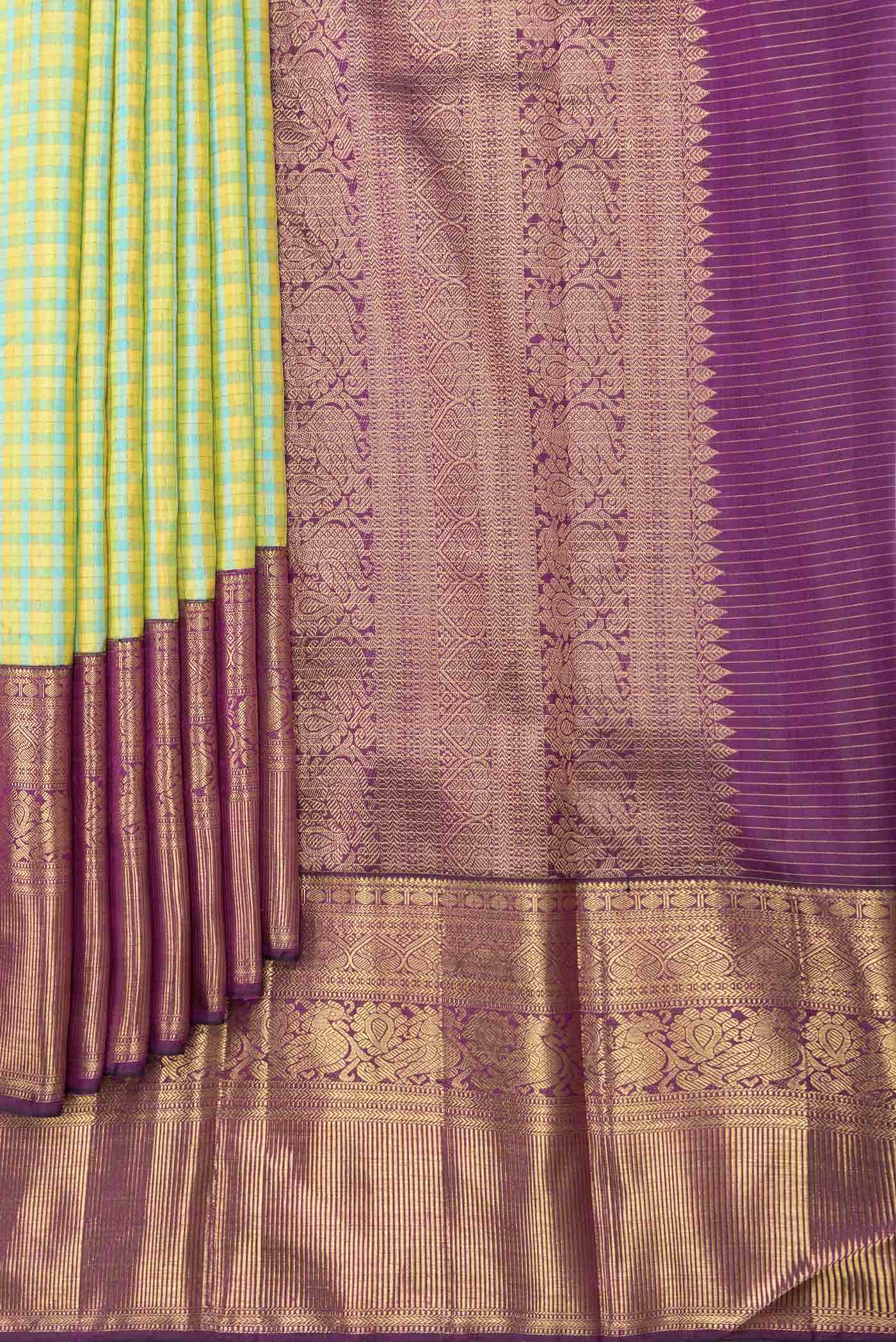 Pure Silk Pure Zari Green Sky Blue and Mustard Dual Tone Kanchipuram Saree