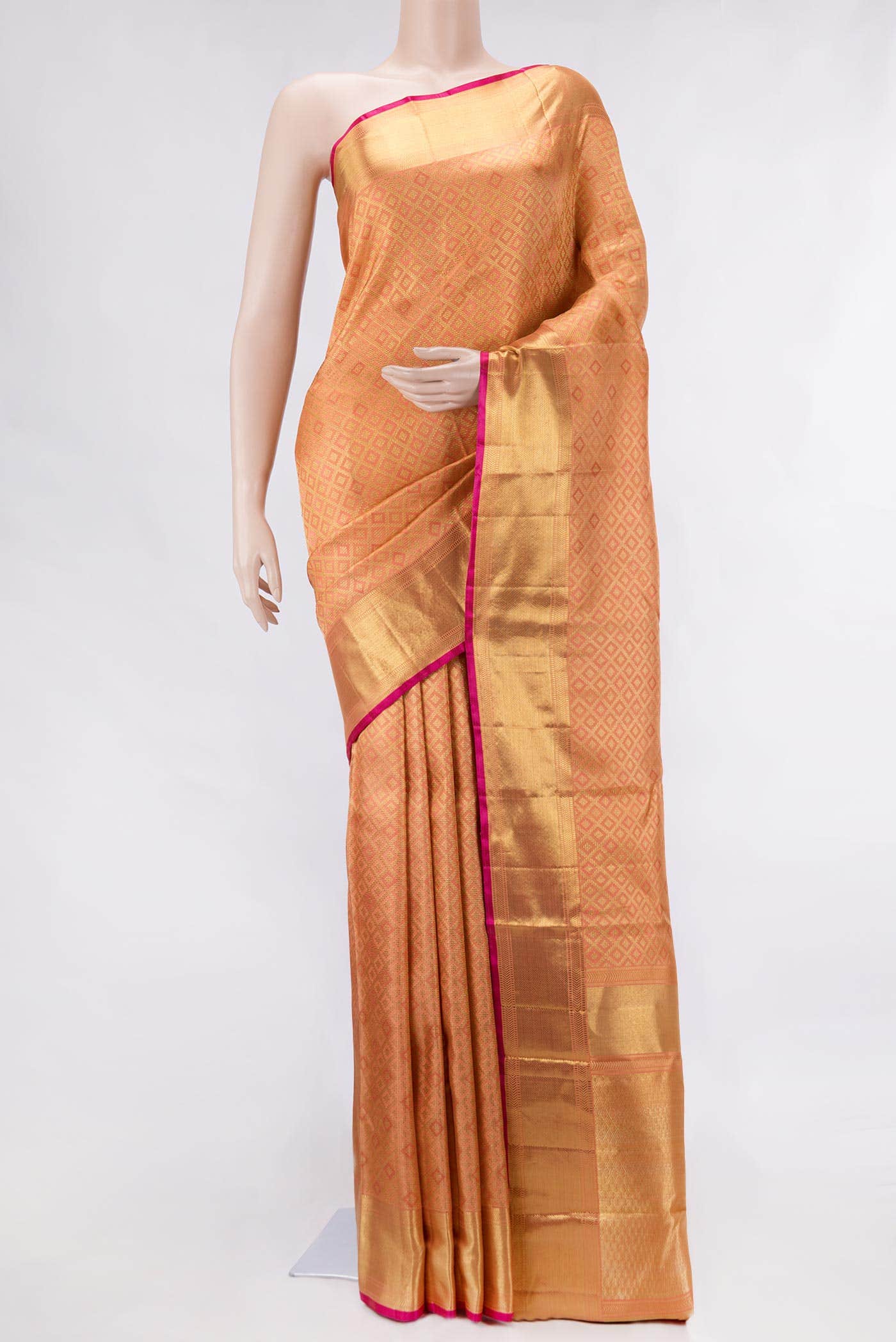 Pure Silk Pure Zari Golden Peach Dual Tone Kanchipuram Saree