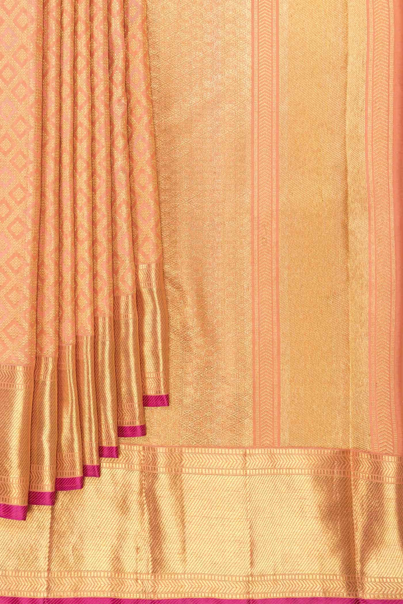 Pure Silk Pure Zari Golden Peach Dual Tone Kanchipuram Saree