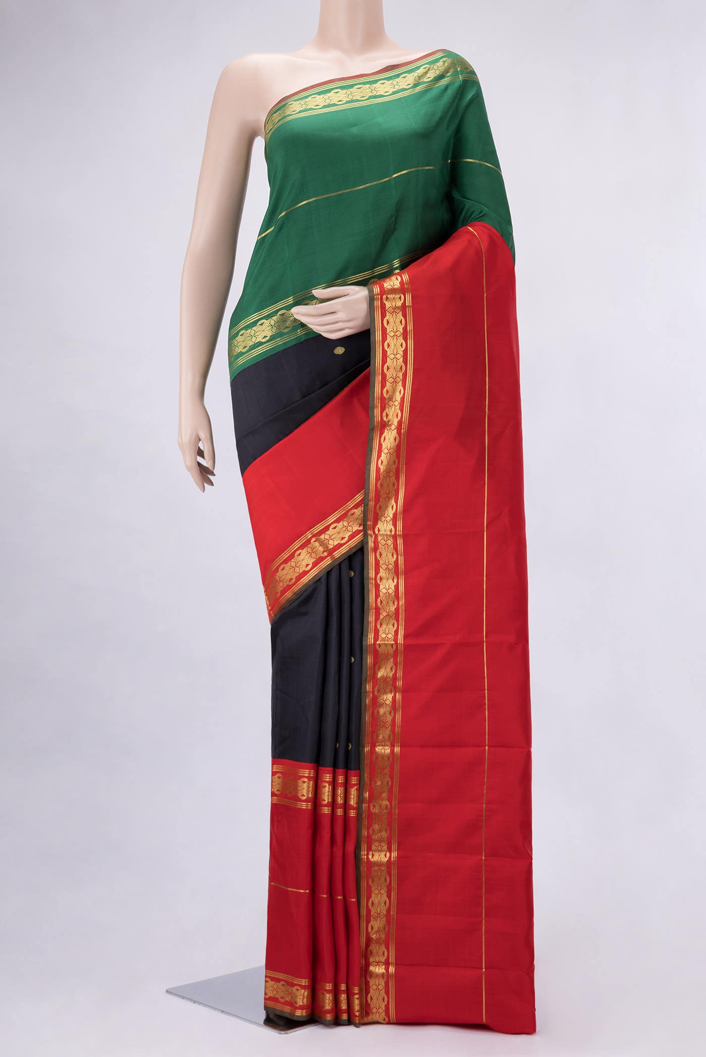Pure Silk Pure Zari Red Black and Green Dual Tone Kanchipuram Saree
