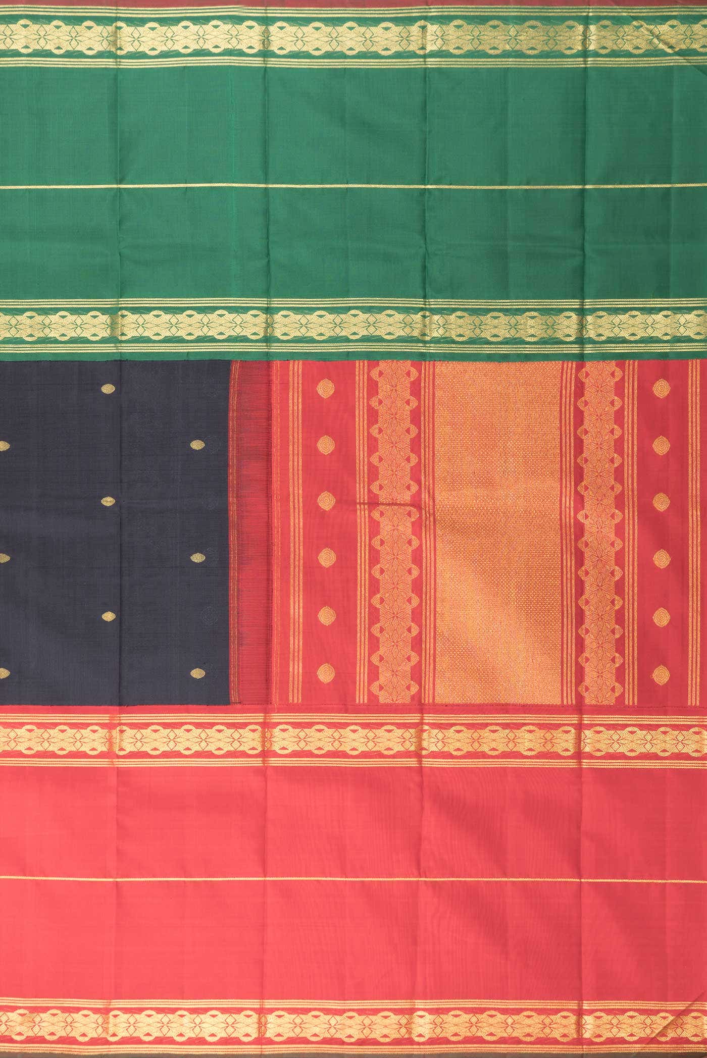 Pure Silk Pure Zari Red Black and Green Dual Tone Kanchipuram Saree