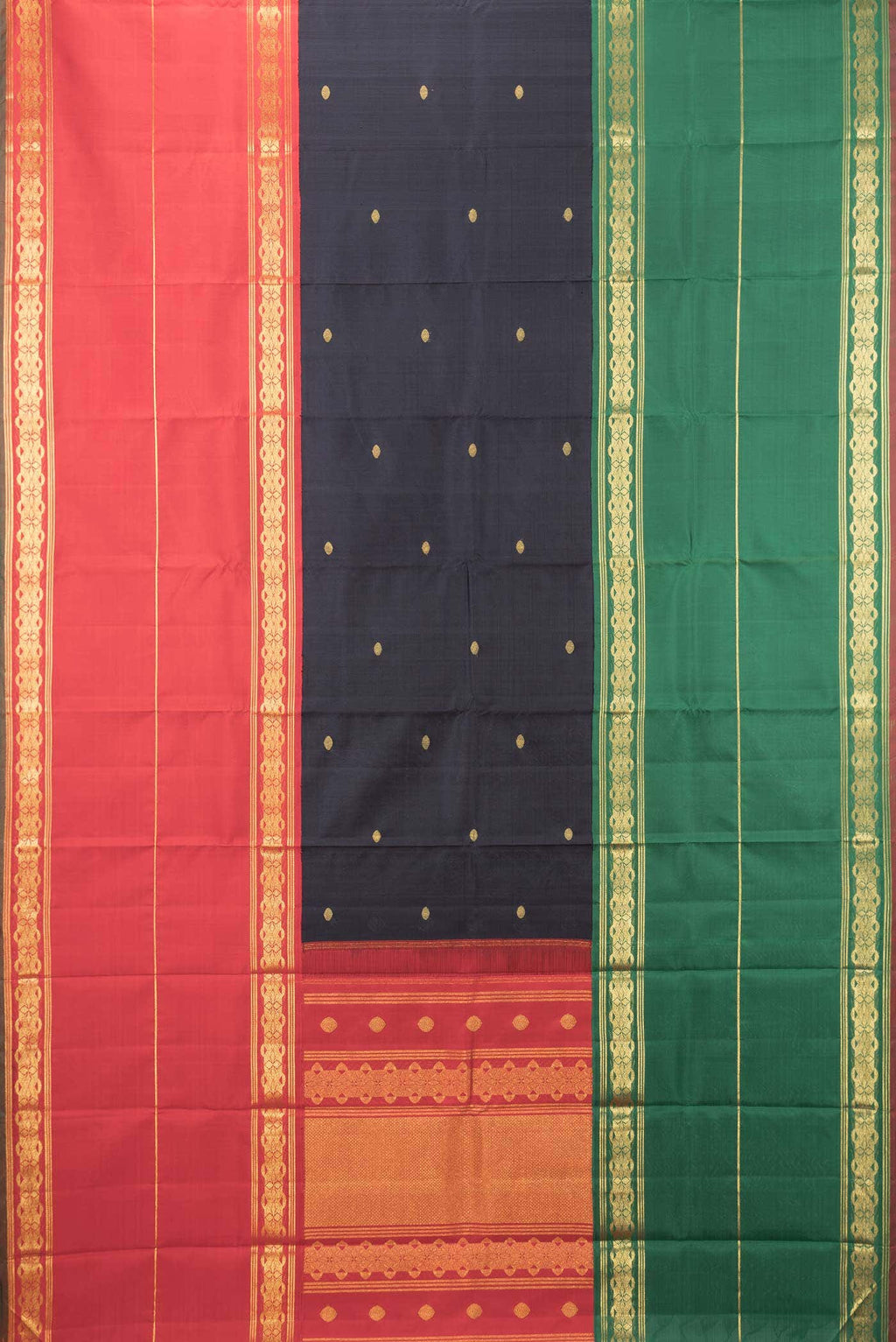 Pure Silk Pure Zari Red Black and Green Dual Tone Kanchipuram Saree